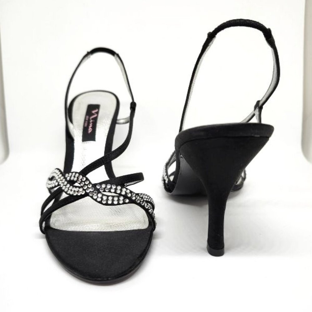 Nina Women's Black Slingback Sandal High-Heel W/Rhinestone Strap Size 7.5 & 10